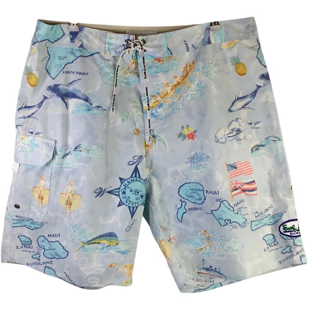 Jams World Surf Line Board Shorts Hawaii Statehood Hawaiian Islands Size 36 Hula